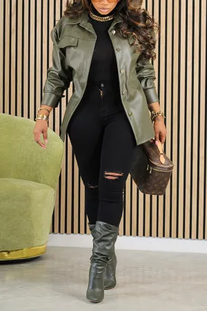 Casual Leather Drop Shoulder Single Breasted Jacket
