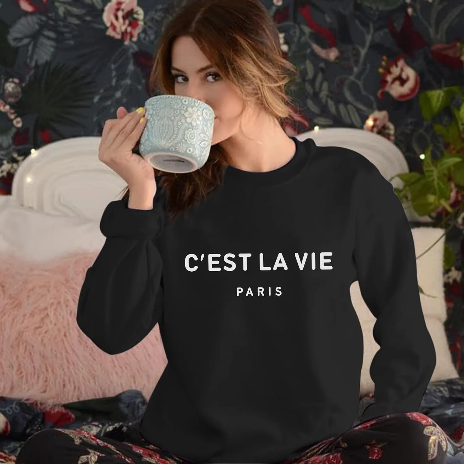 C'est La Vie Paris Sweatshirt For Women Oversized Graphic Crewneck Hoodie Casual Long Sleeve Shirt Pullover Tops