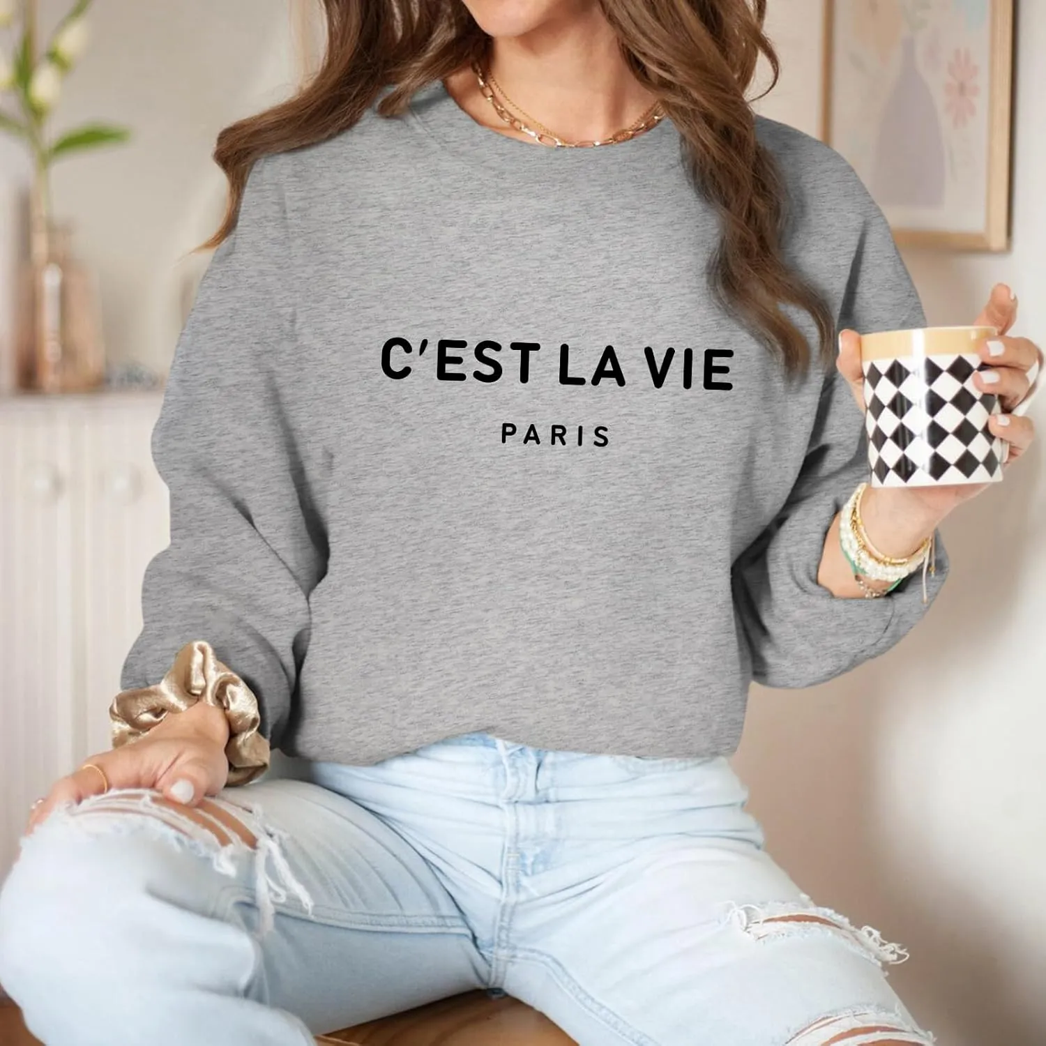C'est La Vie Paris Sweatshirt For Women Oversized Graphic Crewneck Hoodie Casual Long Sleeve Shirt Pullover Tops