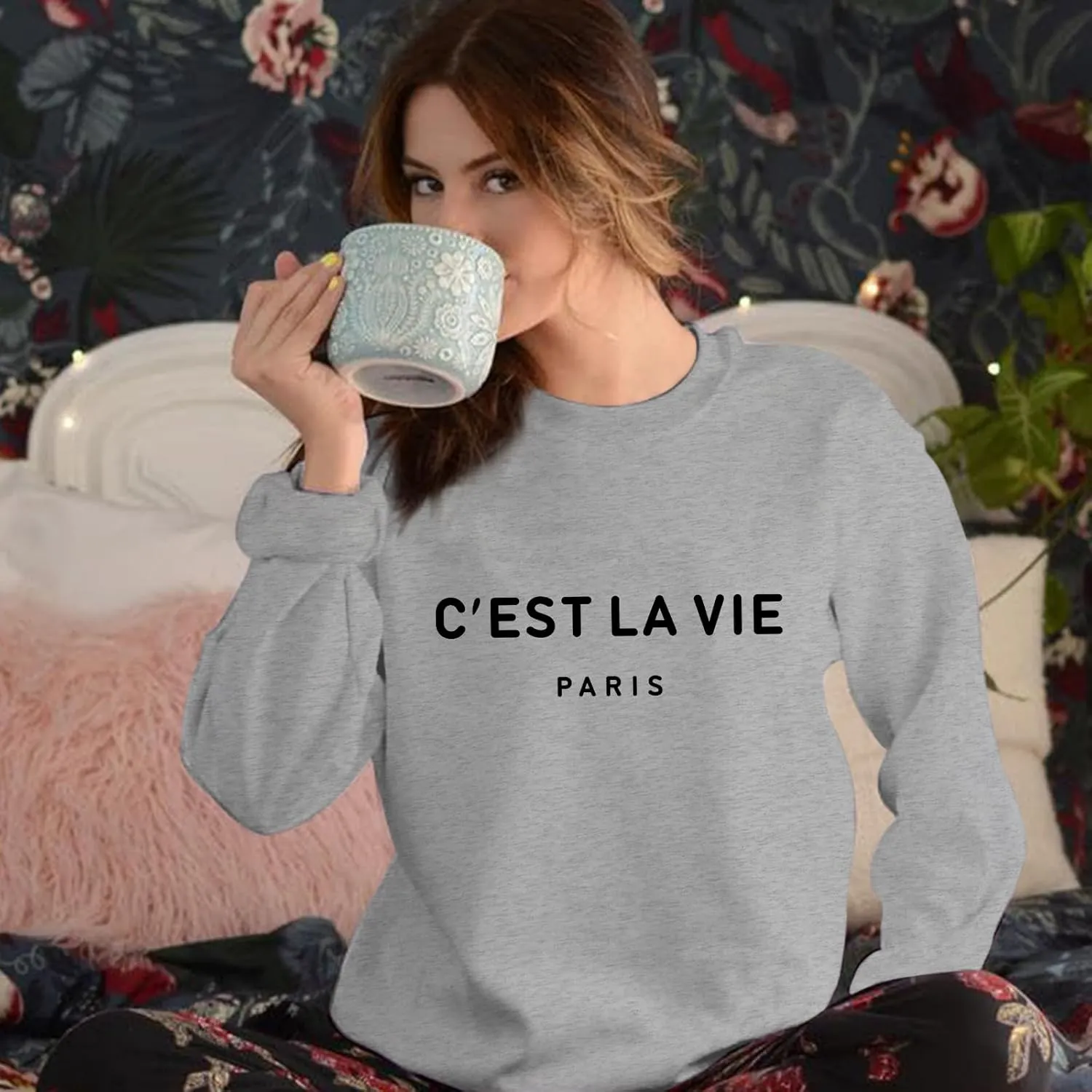 C'est La Vie Paris Sweatshirt For Women Oversized Graphic Crewneck Hoodie Casual Long Sleeve Shirt Pullover Tops