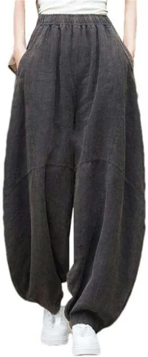 Chinese Women's Cotton Loose Goods Pants Retro Elastic Waist Yoga Pants Loose Casual Wide-Leg Harem Trousers