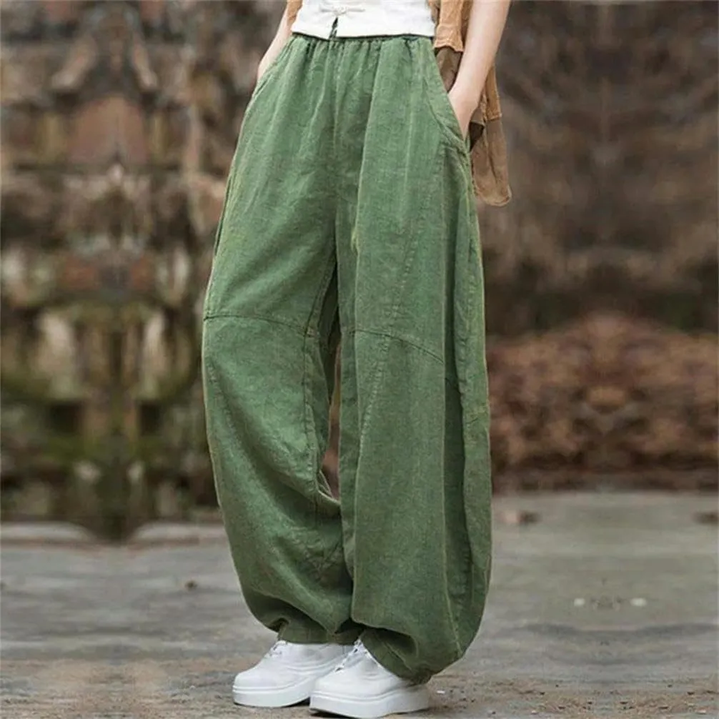 Chinese Women's Cotton Loose Goods Pants Retro Elastic Waist Yoga Pants Loose Casual Wide-Leg Harem Trousers