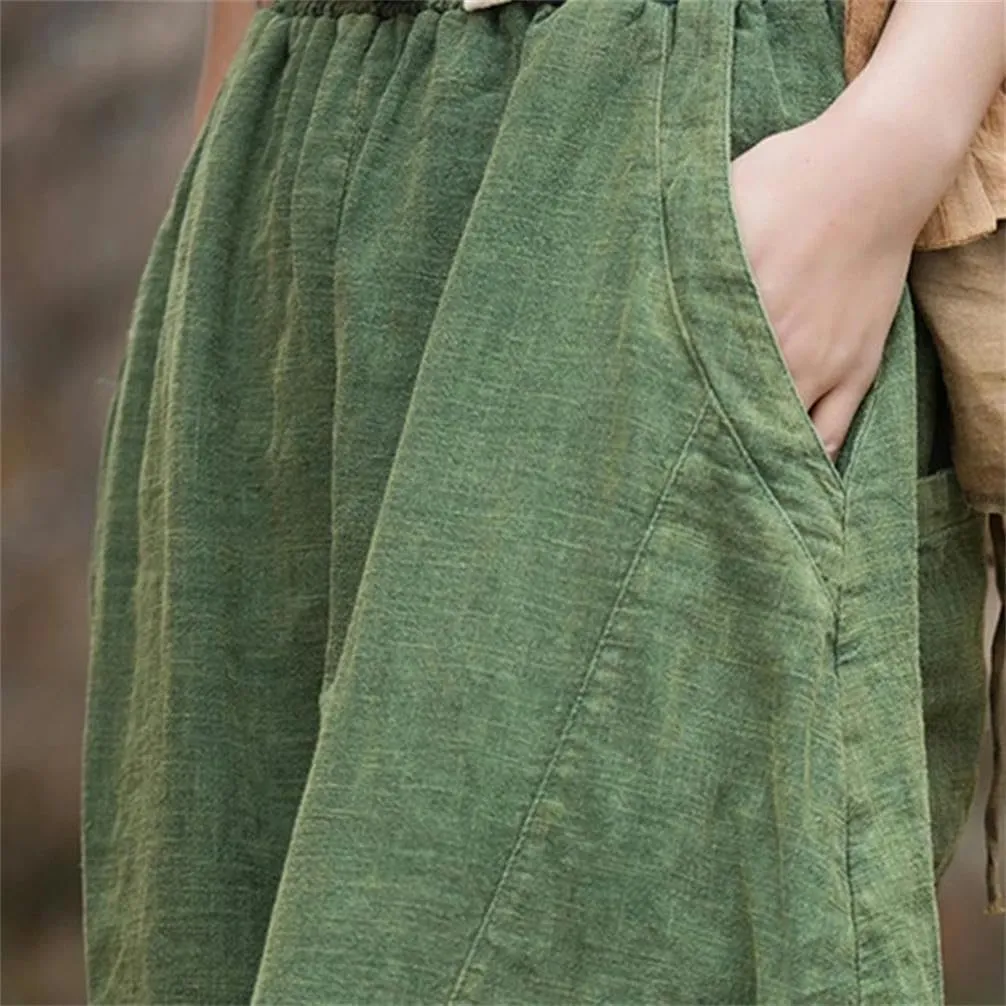 Chinese Women's Cotton Loose Goods Pants Retro Elastic Waist Yoga Pants Loose Casual Wide-Leg Harem Trousers