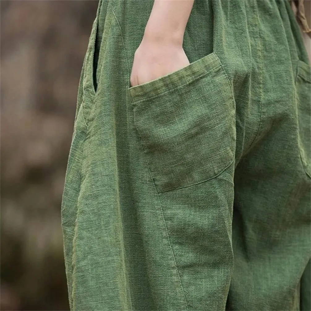 Chinese Women's Cotton Loose Goods Pants Retro Elastic Waist Yoga Pants Loose Casual Wide-Leg Harem Trousers