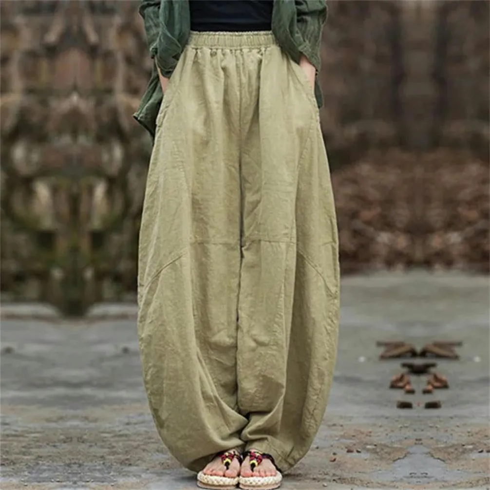 Chinese Women's Cotton Loose Goods Pants Retro Elastic Waist Yoga Pants Loose Casual Wide-Leg Harem Trousers