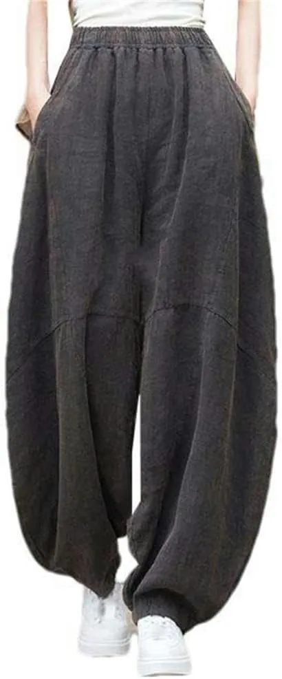 Chinese Women's Cotton Loose Goods Pants Retro Elastic Waist Yoga Pants Loose Casual Wide-Leg Harem Trousers