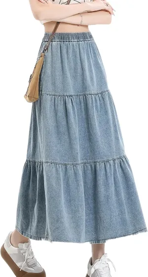 chouyatou Women Elastic High Waist Tiered Denim Skirt Pleated A Line Flared Long Maxi Jean Skirt
