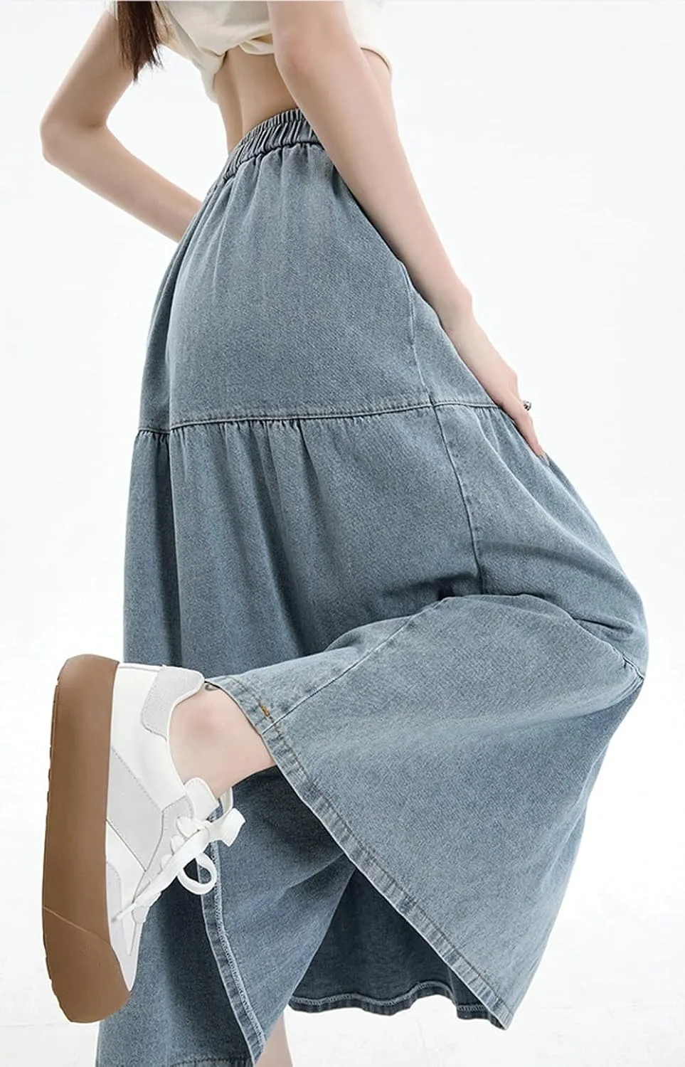 chouyatou Women Elastic High Waist Tiered Denim Skirt Pleated A Line Flared Long Maxi Jean Skirt