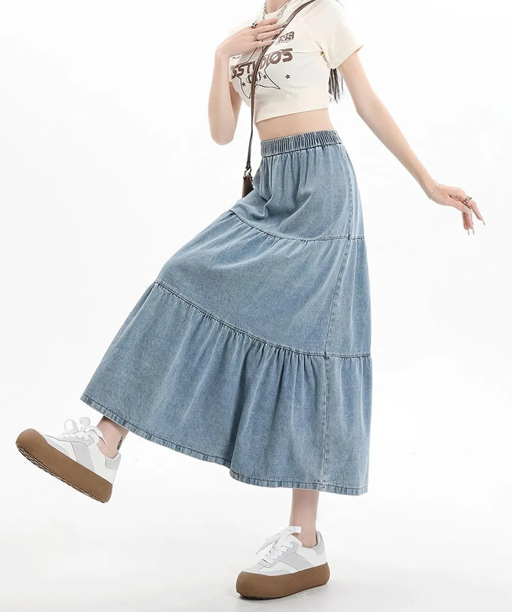 chouyatou Women Elastic High Waist Tiered Denim Skirt Pleated A Line Flared Long Maxi Jean Skirt