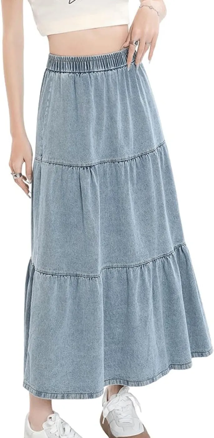 chouyatou Women Elastic High Waist Tiered Denim Skirt Pleated A Line Flared Long Maxi Jean Skirt