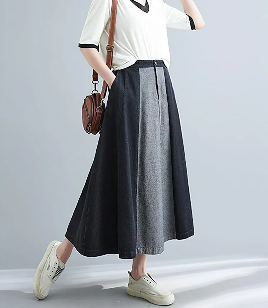 chouyatou Women's Color Block Denim Pleated Skirt High Elastic Waisted Jean Midi Long Skater Skirt with Pockets