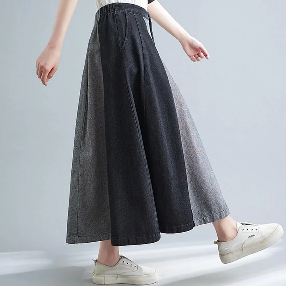 chouyatou Women's Color Block Denim Pleated Skirt High Elastic Waisted Jean Midi Long Skater Skirt with Pockets