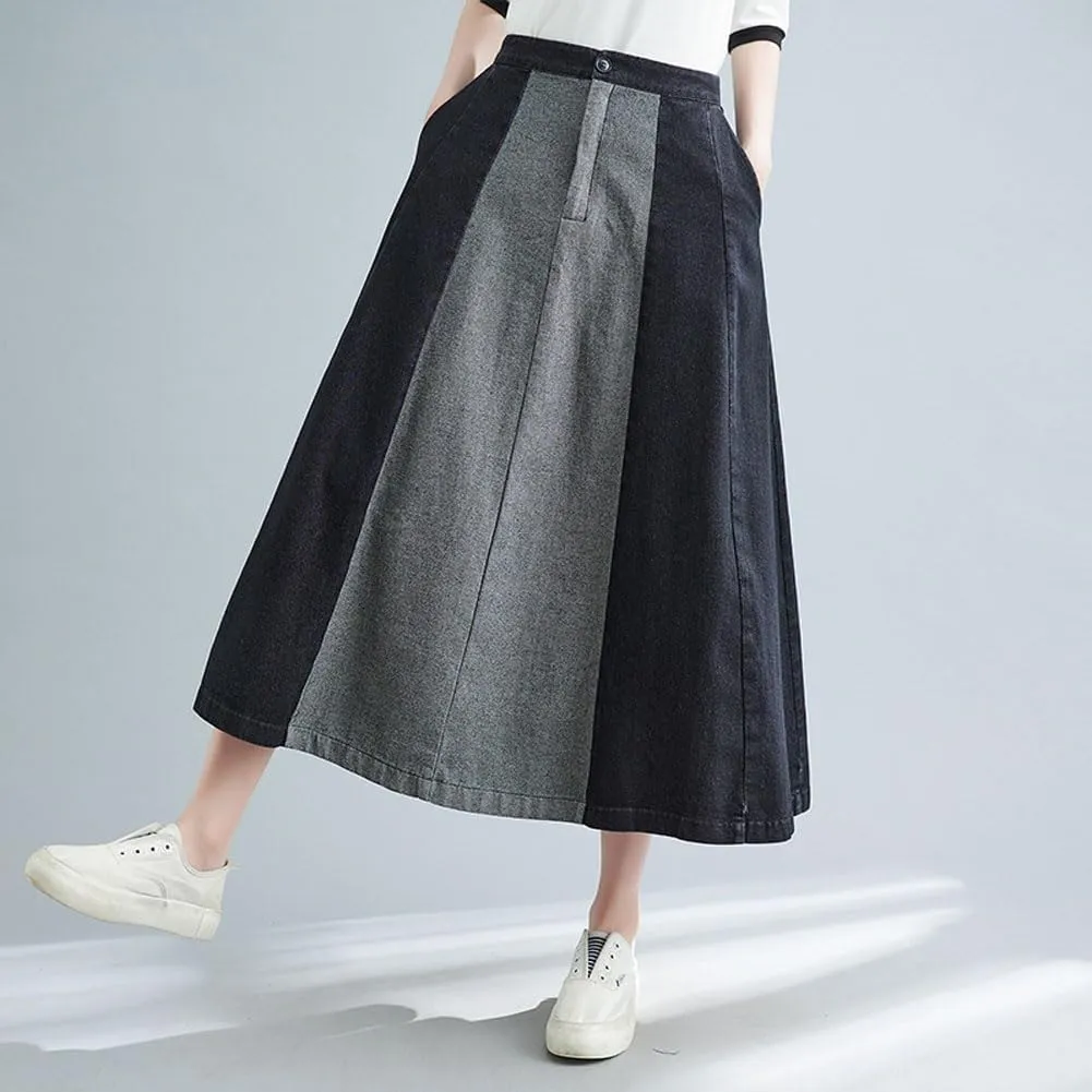 chouyatou Women's Color Block Denim Pleated Skirt High Elastic Waisted Jean Midi Long Skater Skirt with Pockets
