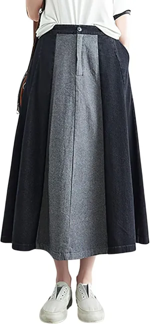 chouyatou Women's Color Block Denim Pleated Skirt High Elastic Waisted Jean Midi Long Skater Skirt with Pockets
