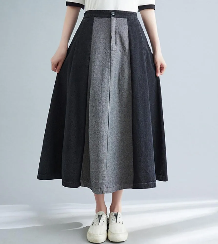 chouyatou Women's Color Block Denim Pleated Skirt High Elastic Waisted Jean Midi Long Skater Skirt with Pockets