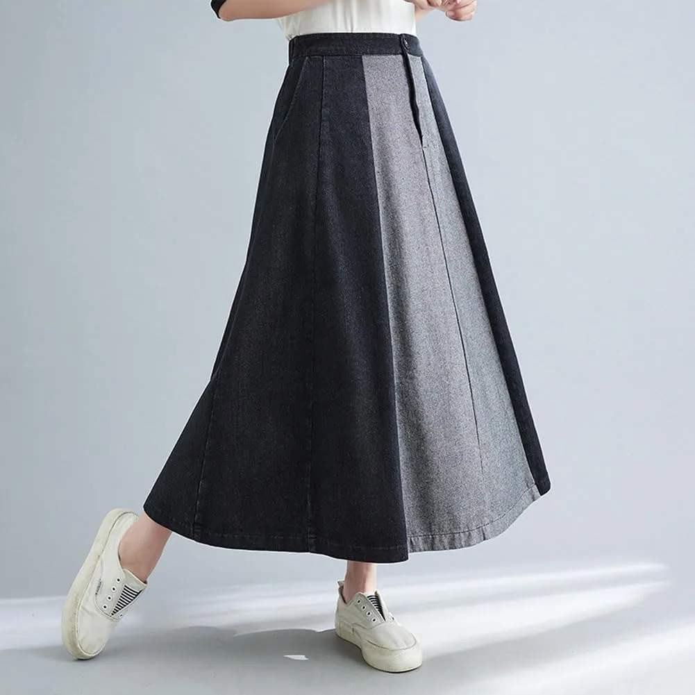 chouyatou Women's Color Block Denim Pleated Skirt High Elastic Waisted Jean Midi Long Skater Skirt with Pockets