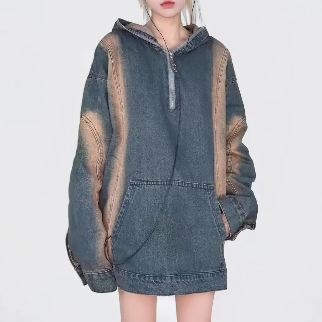 chouyatou Women's Distressed Hooded 1/2 Zip Up Pullover Denim Jacket Hoodie Boyfriend Jean Sweatshirt