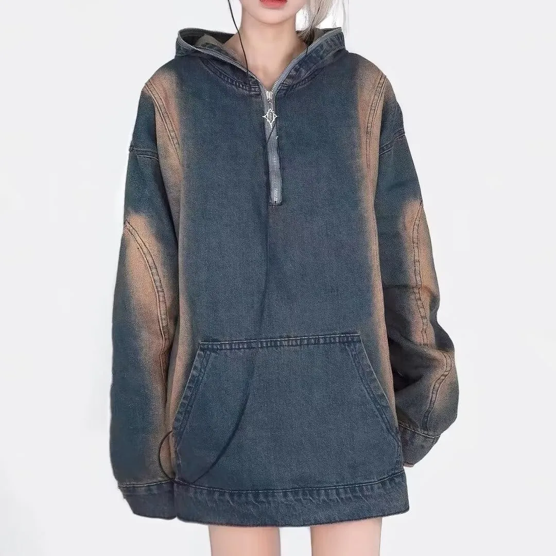 chouyatou Women's Distressed Hooded 1/2 Zip Up Pullover Denim Jacket Hoodie Boyfriend Jean Sweatshirt