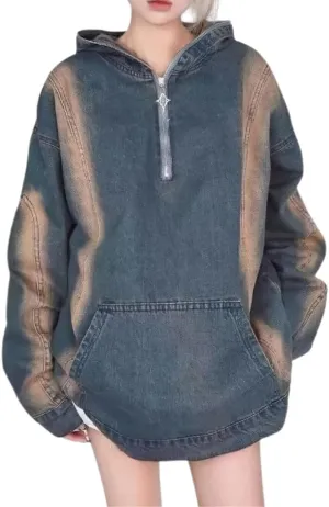 chouyatou Women's Distressed Hooded 1/2 Zip Up Pullover Denim Jacket Hoodie Boyfriend Jean Sweatshirt