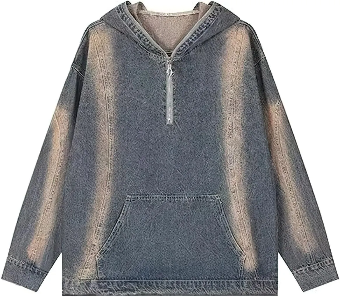 chouyatou Women's Distressed Hooded 1/2 Zip Up Pullover Denim Jacket Hoodie Boyfriend Jean Sweatshirt