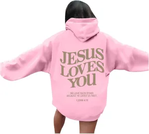 Christian Hoodies Women Men Jesus Loves You Letter Graphic Sweatshirt Casual Long Sleeve Oversized Y2k Pullover Tops