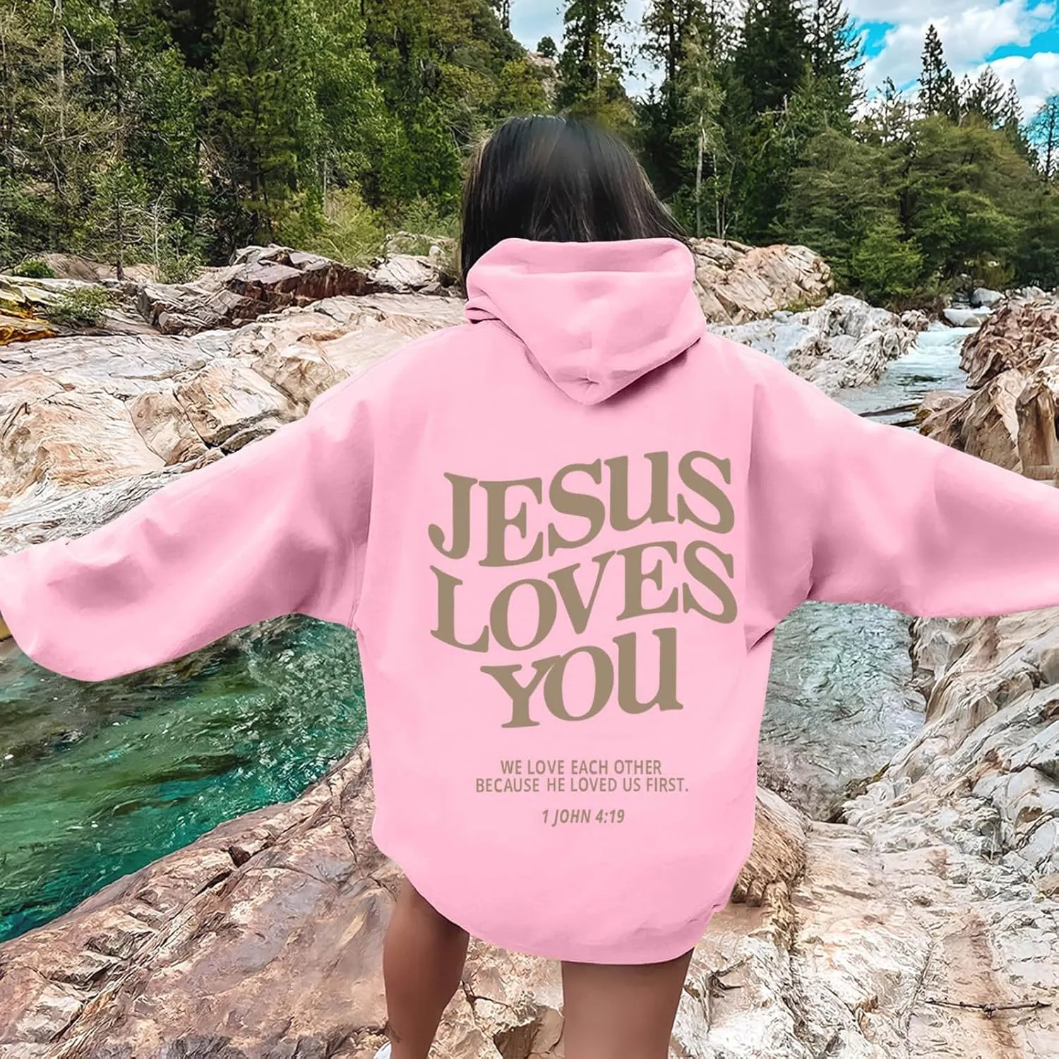 Christian Hoodies Women Men Jesus Loves You Letter Graphic Sweatshirt Casual Long Sleeve Oversized Y2k Pullover Tops