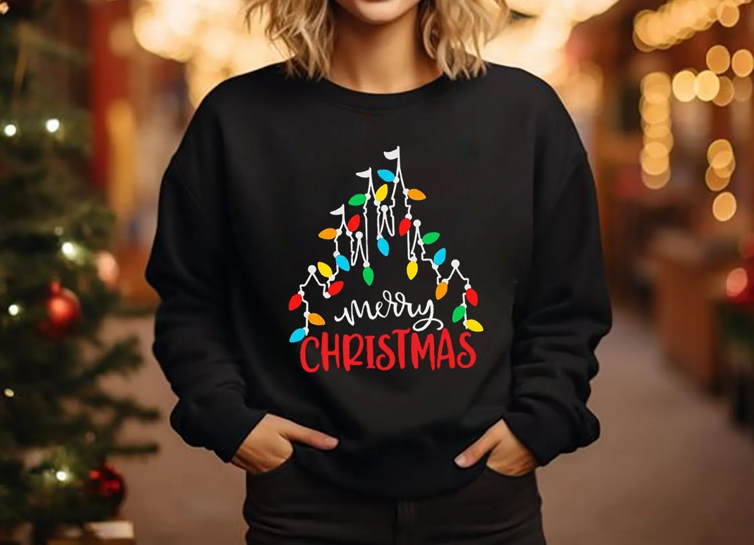 Christmas Sweatshirt Women Funny Merry Christmas Lights Sweatshirt Castle Graphic Xmas Lightweight Pullover Tops