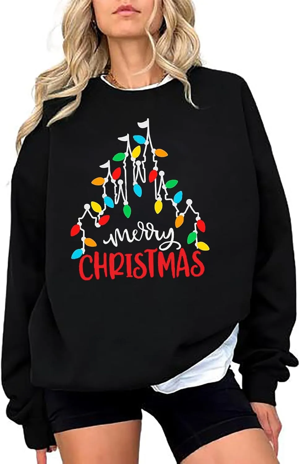 Christmas Sweatshirt Women Funny Merry Christmas Lights Sweatshirt Castle Graphic Xmas Lightweight Pullover Tops