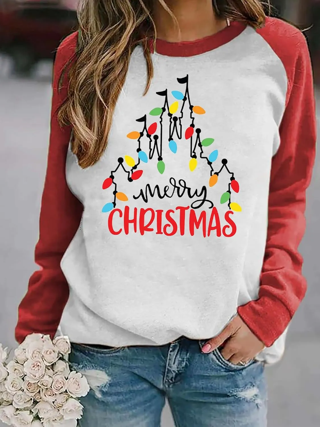 Christmas Sweatshirt Women Funny Merry Christmas Lights Sweatshirt Castle Graphic Xmas Lightweight Pullover Tops