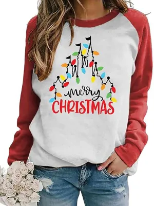 Christmas Sweatshirt Women Funny Merry Christmas Lights Sweatshirt Castle Graphic Xmas Lightweight Pullover Tops