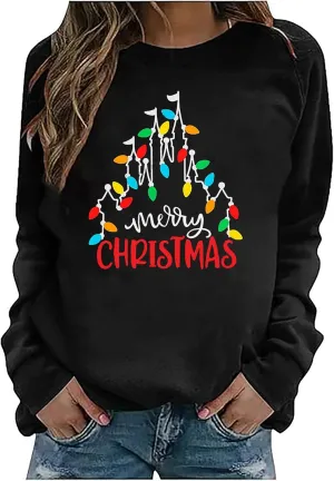 Christmas Sweatshirt Women Funny Merry Christmas Lights Sweatshirt Castle Graphic Xmas Lightweight Pullover Tops