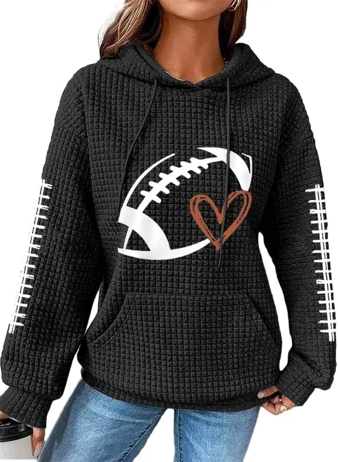 Chvity Women's Pullover Sweatshirt Drawstring Rugby Printed Waffle Hoodie Long Sleeve Tops with Pocket