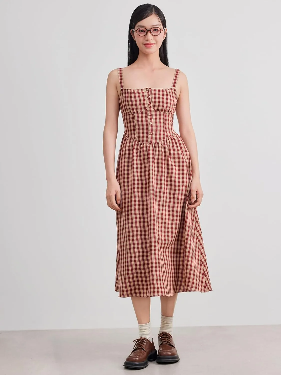 CIDER Maxi Dress for Women Gingham Cotton Blend Square Neck Casual Lined Summer Vacation Dress Middle Waist