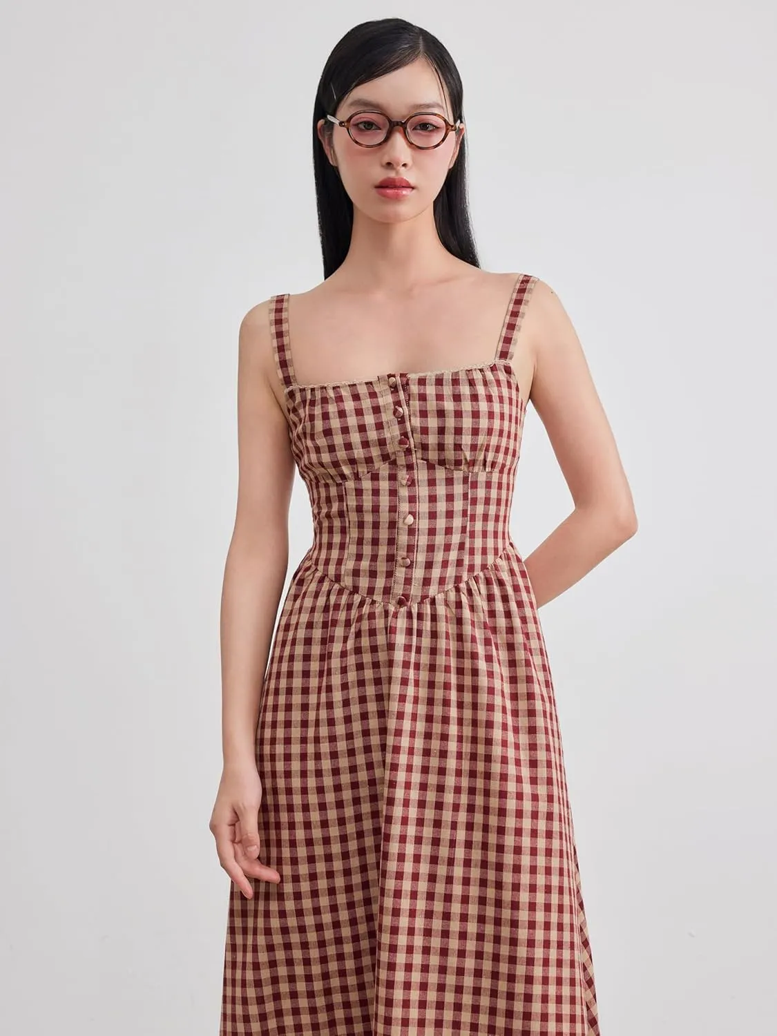 CIDER Maxi Dress for Women Gingham Cotton Blend Square Neck Casual Lined Summer Vacation Dress Middle Waist