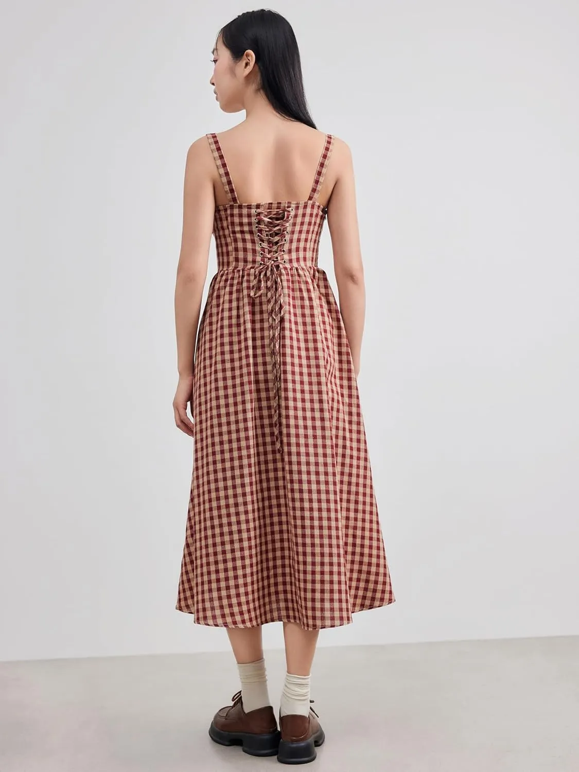 CIDER Maxi Dress for Women Gingham Cotton Blend Square Neck Casual Lined Summer Vacation Dress Middle Waist