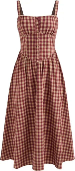 CIDER Maxi Dress for Women Gingham Cotton Blend Square Neck Casual Lined Summer Vacation Dress Middle Waist