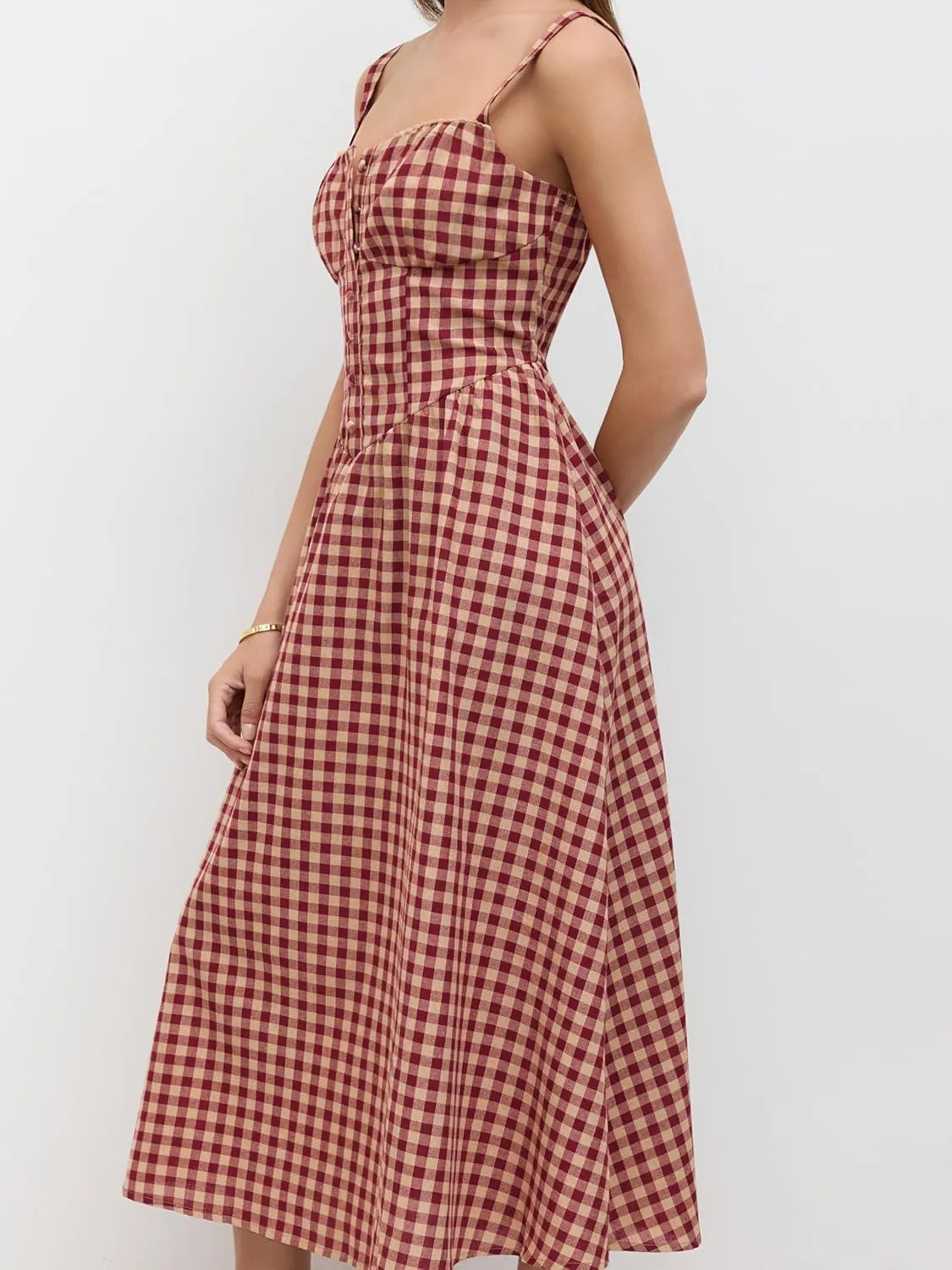 CIDER Maxi Dress for Women Gingham Cotton Blend Square Neck Casual Lined Summer Vacation Dress Middle Waist