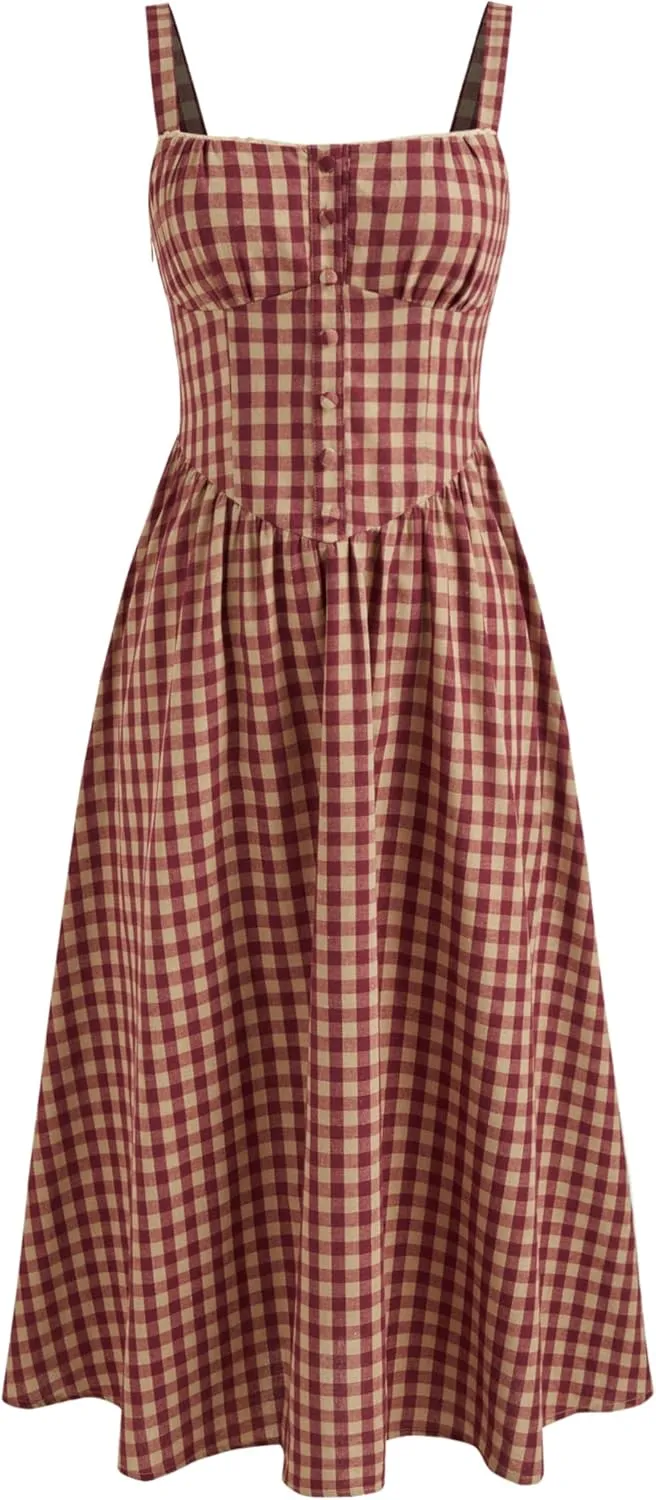 CIDER Maxi Dress for Women Gingham Cotton Blend Square Neck Casual Lined Summer Vacation Dress Middle Waist