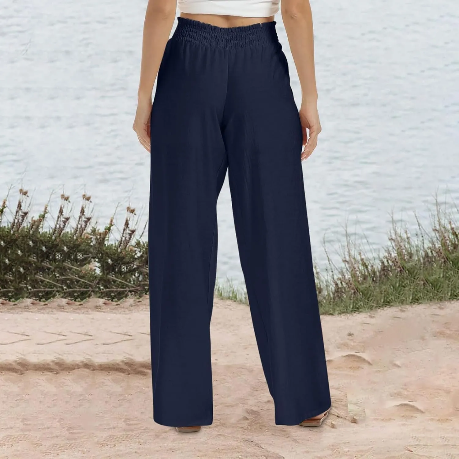 Cotton Linen Palazzo Pants for Women Baggy High Waisted Dress Pants Casual Flowy Beach Wide Leg Pants with Pockets