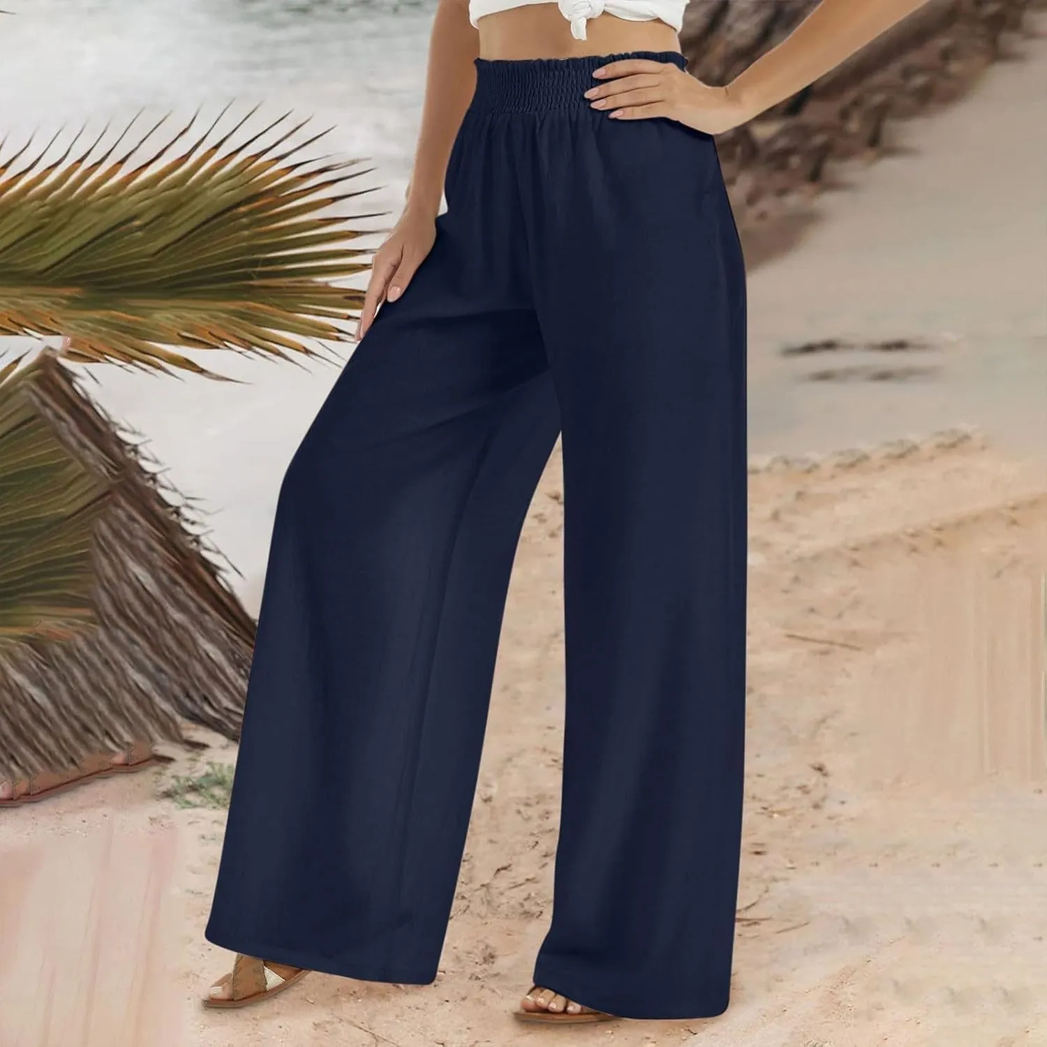 Cotton Linen Palazzo Pants for Women Baggy High Waisted Dress Pants Casual Flowy Beach Wide Leg Pants with Pockets