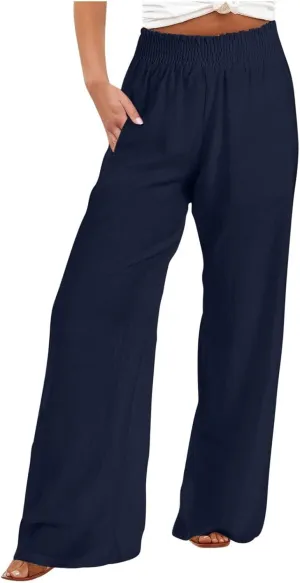 Cotton Linen Palazzo Pants for Women Baggy High Waisted Dress Pants Casual Flowy Beach Wide Leg Pants with Pockets