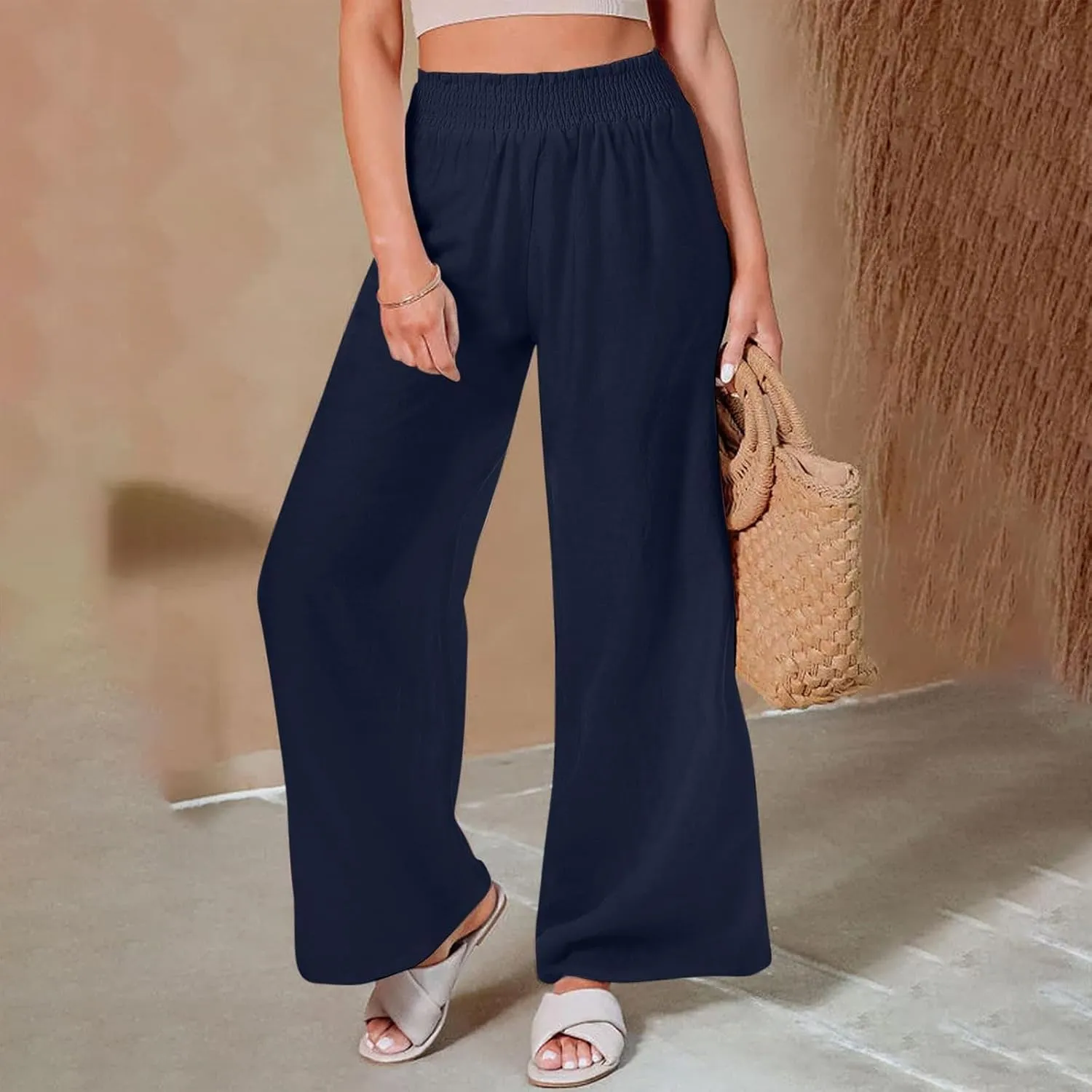 Cotton Linen Palazzo Pants for Women Baggy High Waisted Dress Pants Casual Flowy Beach Wide Leg Pants with Pockets