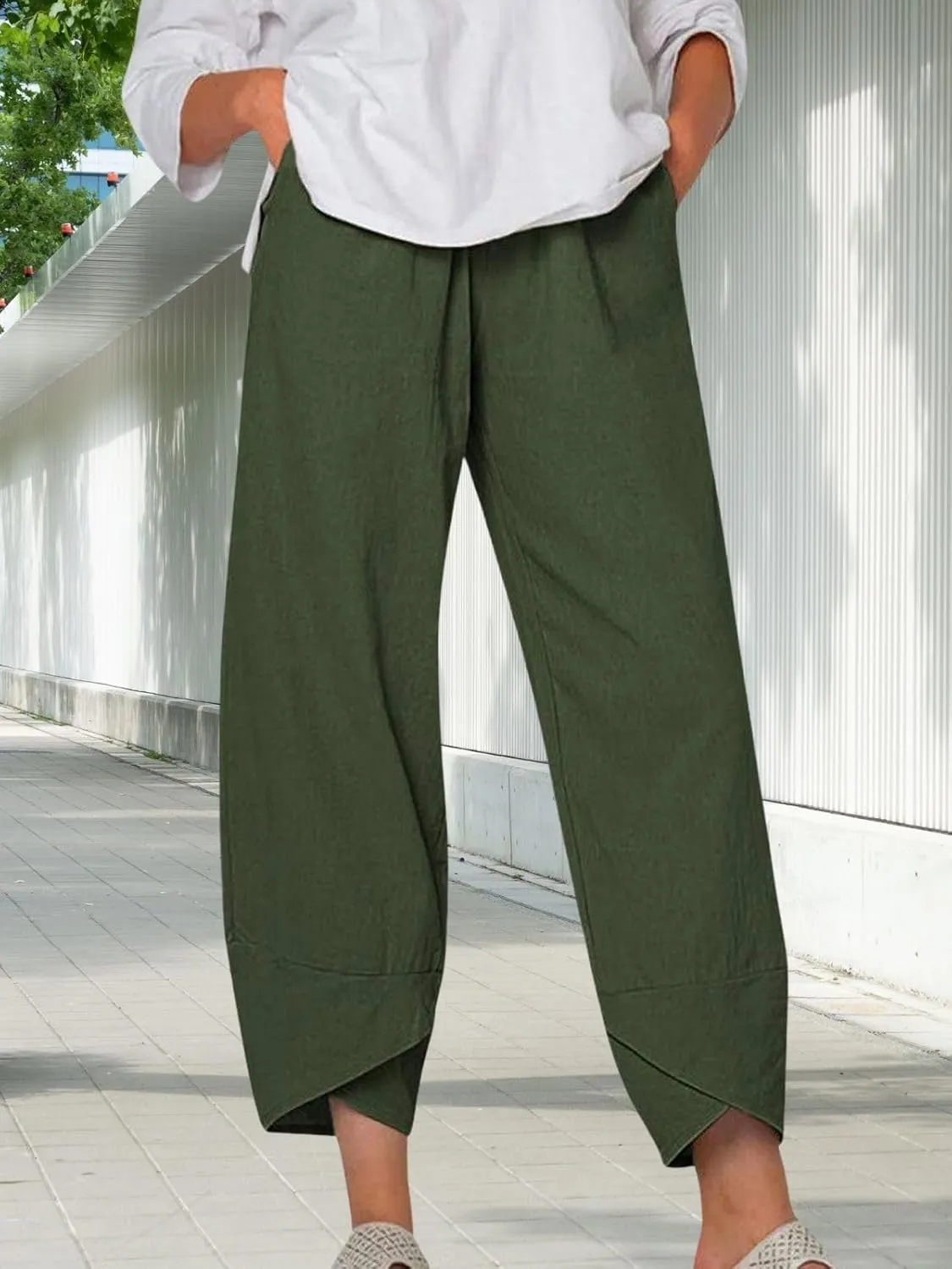 Cotton Linen Pants for Women Summer Casual Capri Pants Waist Elastic Comfy Loose Women's Palazzo Trousers with Pockets