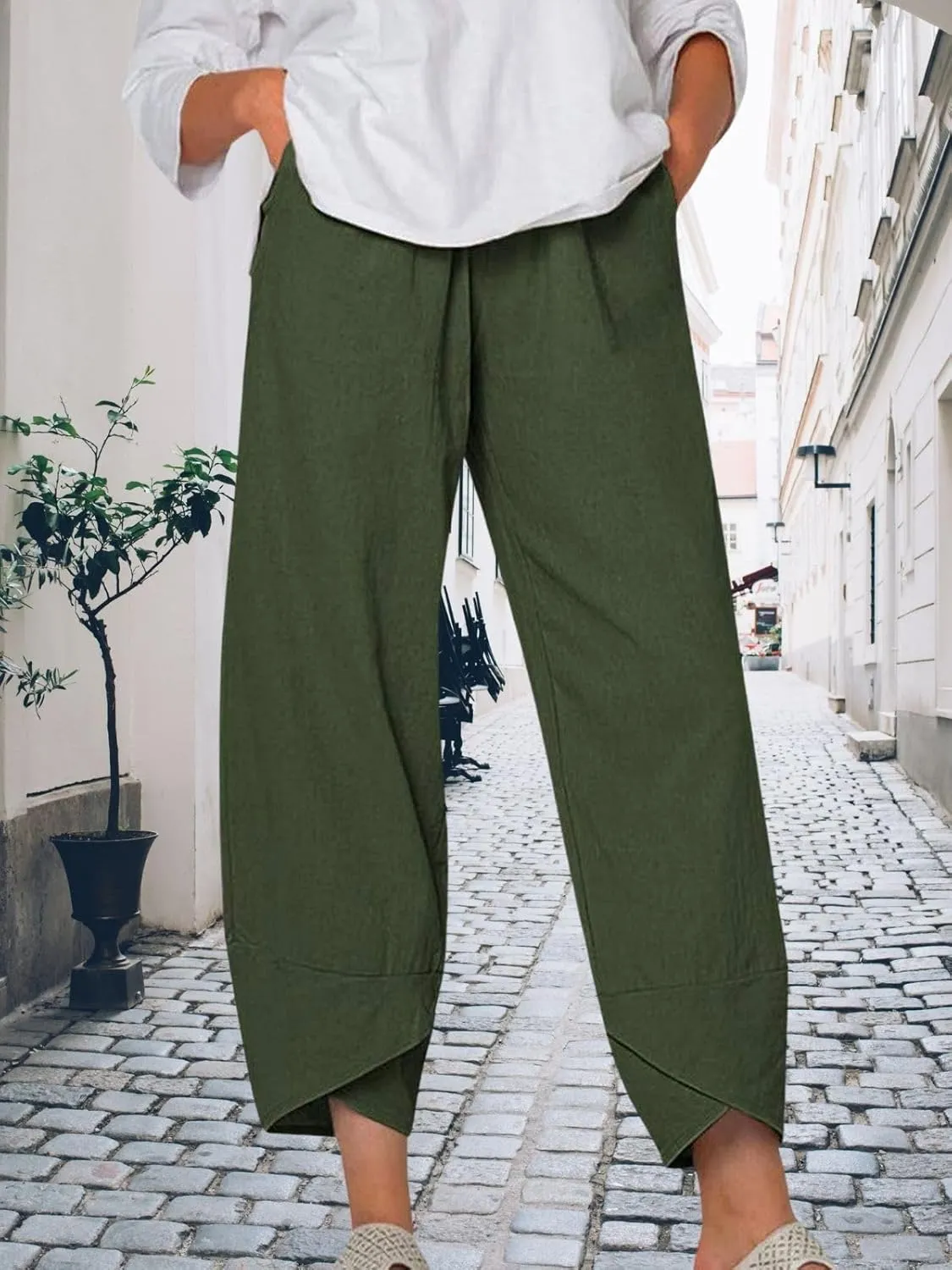 Cotton Linen Pants for Women Summer Casual Capri Pants Waist Elastic Comfy Loose Women's Palazzo Trousers with Pockets