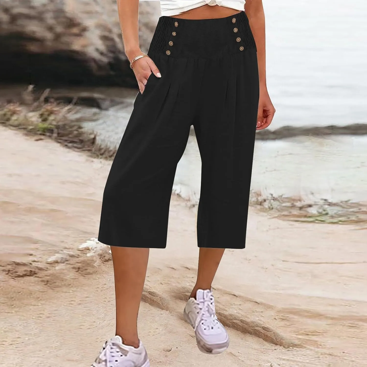 Cropped Wide Leg Pants for Women Summer Fashion Button Cotton Linen Pants High Waisted Lightweight Casual Trousers