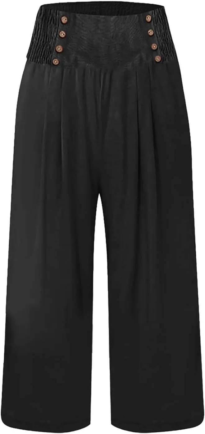 Cropped Wide Leg Pants for Women Summer Fashion Button Cotton Linen Pants High Waisted Lightweight Casual Trousers