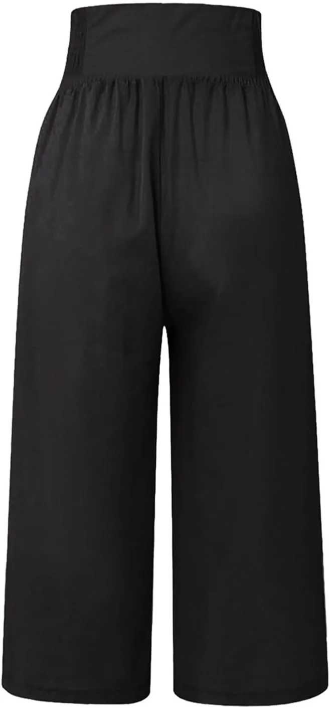 Cropped Wide Leg Pants for Women Summer Fashion Button Cotton Linen Pants High Waisted Lightweight Casual Trousers