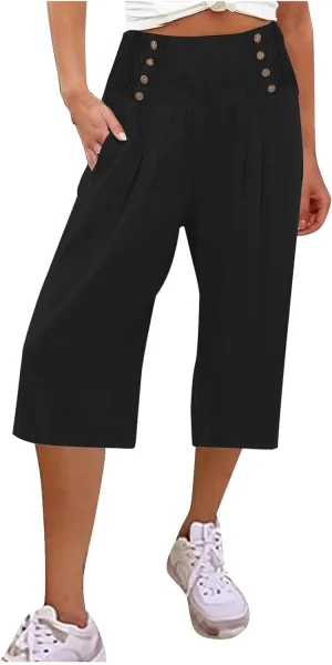 Cropped Wide Leg Pants for Women Summer Fashion Button Cotton Linen Pants High Waisted Lightweight Casual Trousers