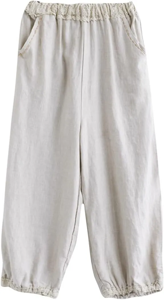Deepsko Women's Cotton and Linen Cropped Loose Elastic Waist Spring and Summer Harem Pants