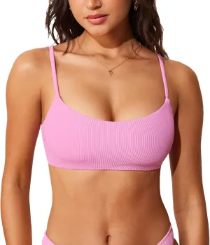 DOBREVA Women's Bikini Top Scoop Neck Bathing Suit Tops Ribbed Adjustable Straps Swimsuit Sexy Padded Swim Bra